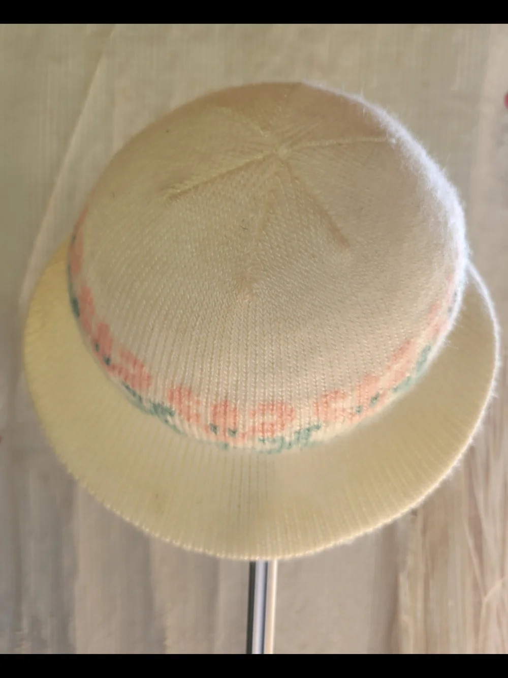 Vintage Kids Cream Knit Beanie with Pastel Pink & Green Detail